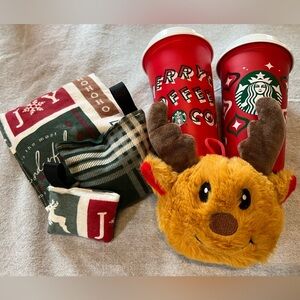 Holiday Bundle 2 Starbucks Cups, Reindeer, 3 Handmade Heat Packs, 2 Pair of Sock